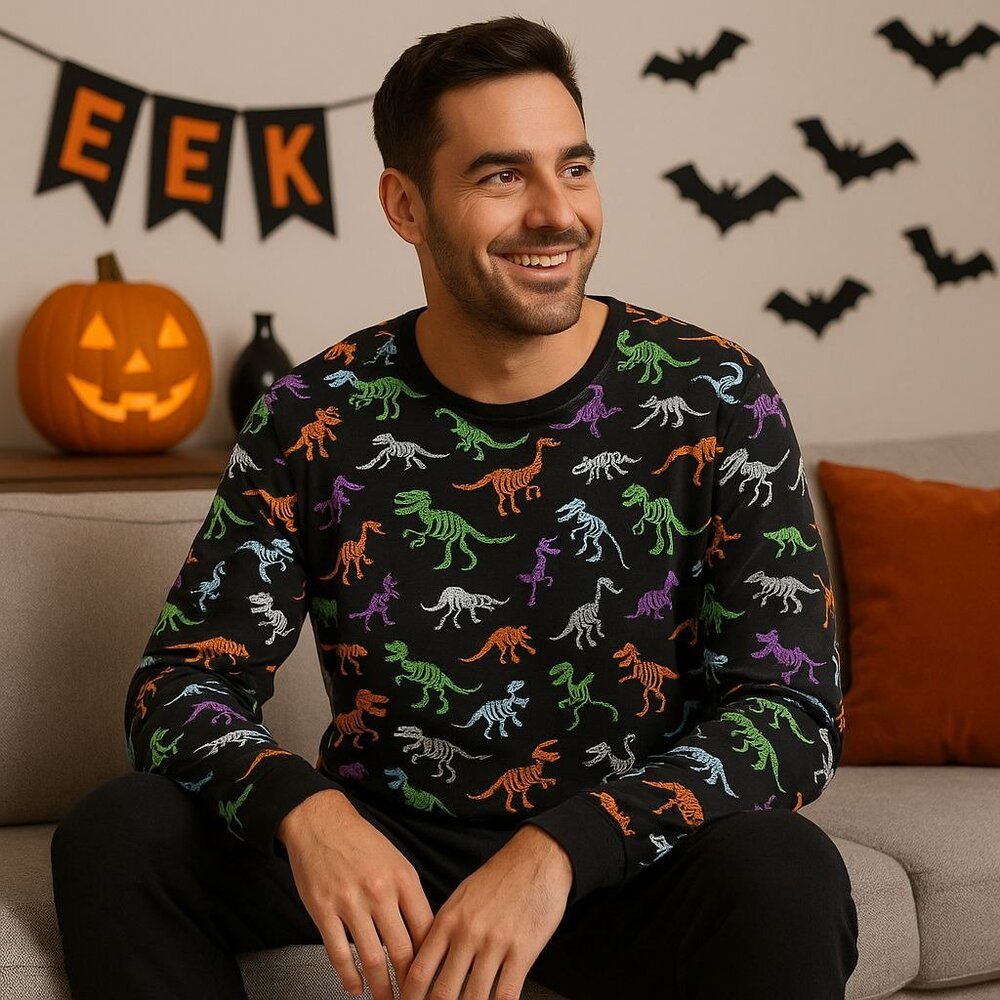 Hyde & Eek Men’s Pajama Top XL Dino Skeleton Halloween Sleepwear Black Cotton